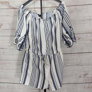 Style & Co Blue White Striped Off Shoulder Romper Eyelet Embroidered Sleeve Med